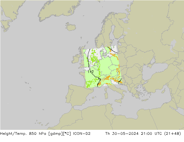 Height/Temp. 850 hPa ICON-D2 Th 30.05.2024 21 UTC