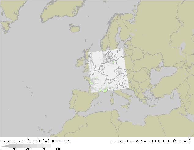 Cloud cover (total) ICON-D2 Th 30.05.2024 21 UTC