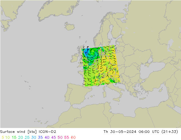 Surface wind ICON-D2 Th 30.05.2024 06 UTC