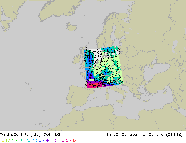 Wind 500 hPa ICON-D2 Th 30.05.2024 21 UTC