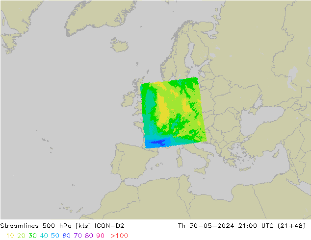 Stromlinien 500 hPa ICON-D2 Do 30.05.2024 21 UTC