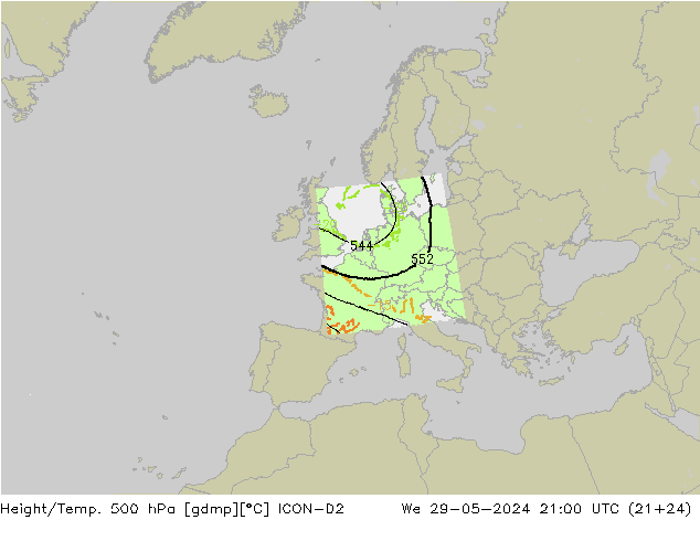 Hoogte/Temp. 500 hPa ICON-D2 wo 29.05.2024 21 UTC