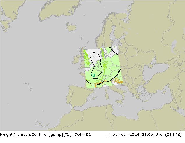 Height/Temp. 500 hPa ICON-D2 Th 30.05.2024 21 UTC