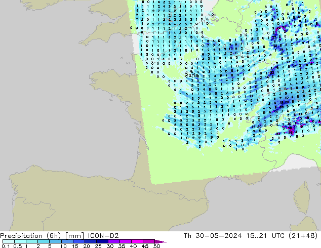 Precipitation (6h) ICON-D2 Th 30.05.2024 21 UTC