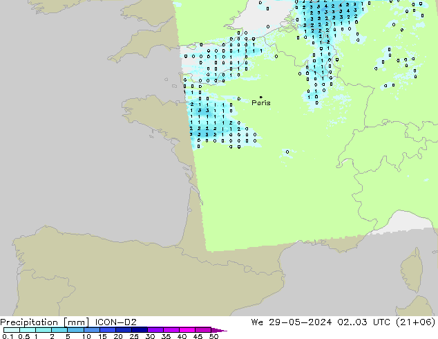 Precipitazione ICON-D2 mer 29.05.2024 03 UTC