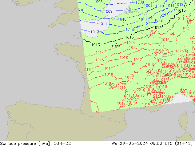 Pressione al suolo ICON-D2 mer 29.05.2024 09 UTC