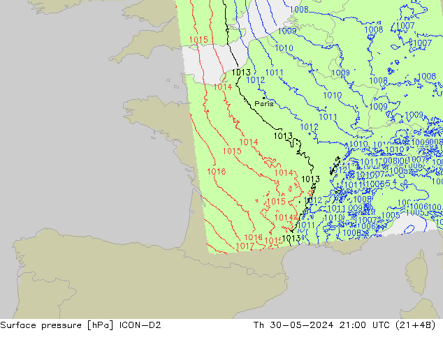 Atmosférický tlak ICON-D2 Čt 30.05.2024 21 UTC