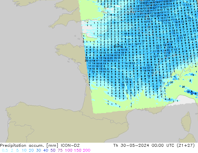 Precipitation accum. ICON-D2 Th 30.05.2024 00 UTC