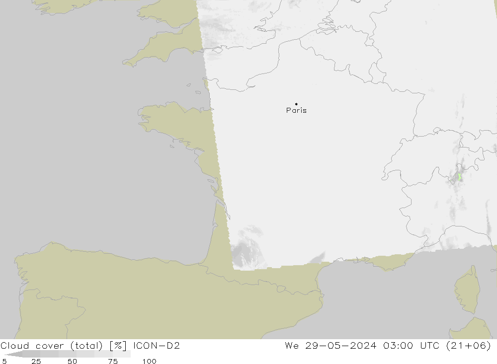Cloud cover (total) ICON-D2 We 29.05.2024 03 UTC