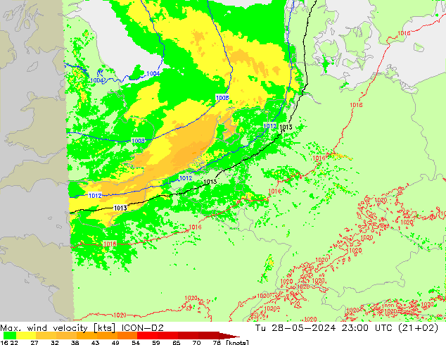 Max. wind velocity ICON-D2 Út 28.05.2024 23 UTC