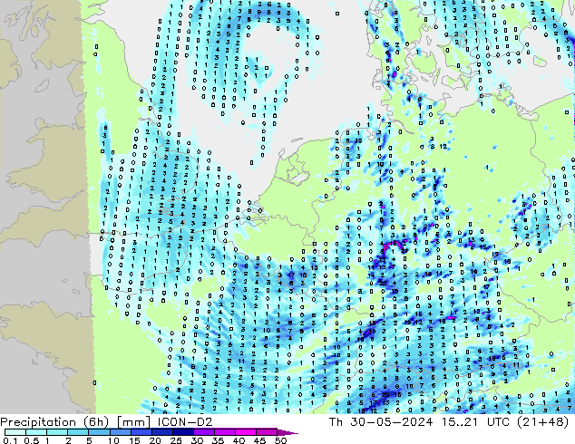 Précipitation (6h) ICON-D2 jeu 30.05.2024 21 UTC