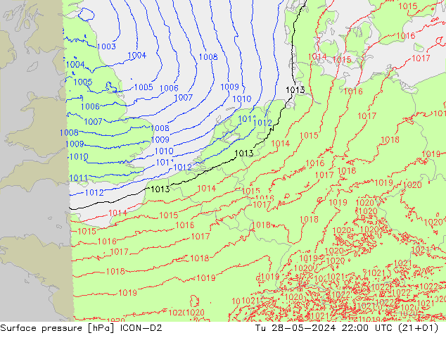 pression de l'air ICON-D2 mar 28.05.2024 22 UTC