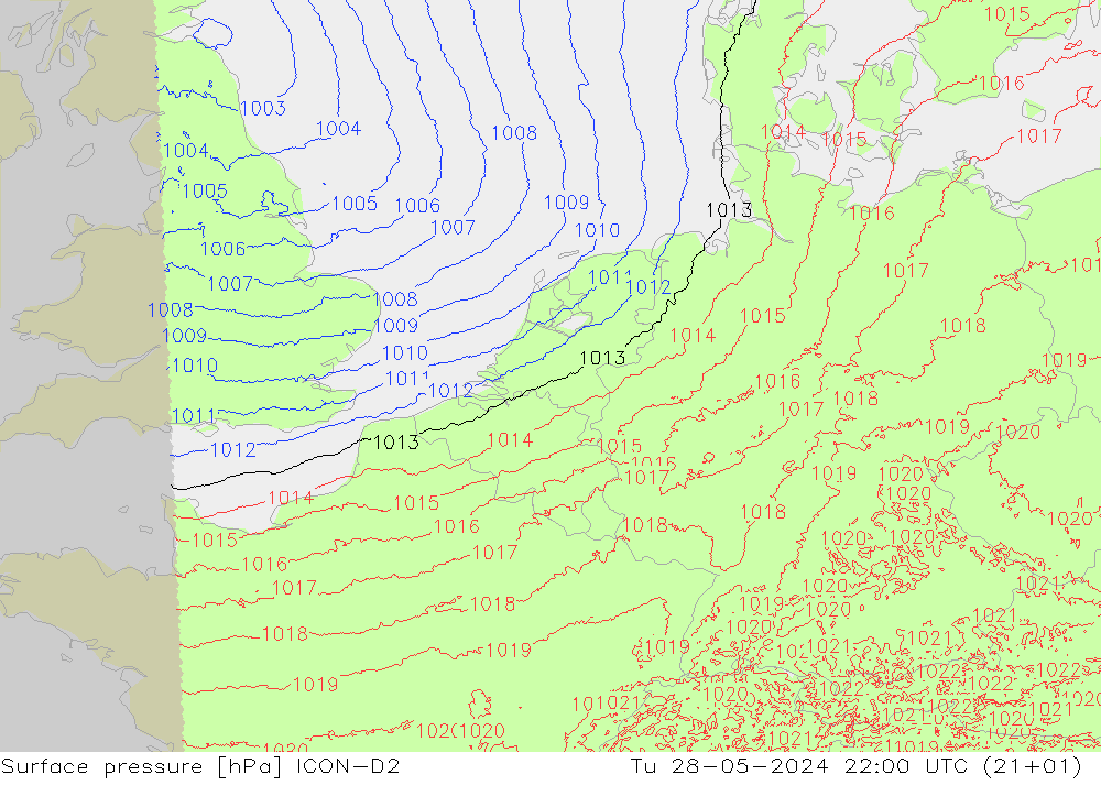 地面气压 ICON-D2 星期二 28.05.2024 22 UTC