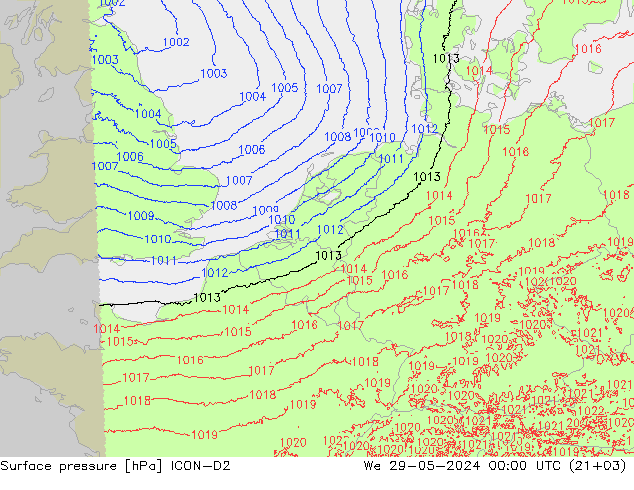 Surface pressure ICON-D2 We 29.05.2024 00 UTC