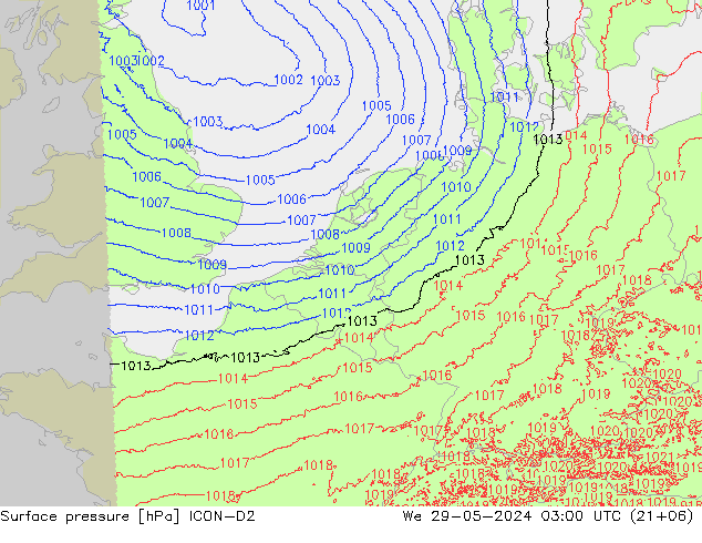 Surface pressure ICON-D2 We 29.05.2024 03 UTC