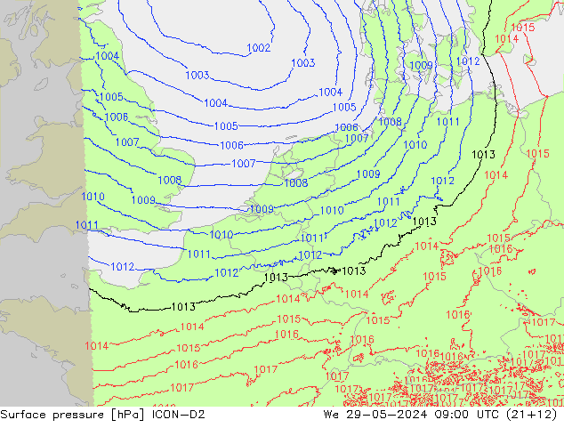 Surface pressure ICON-D2 We 29.05.2024 09 UTC