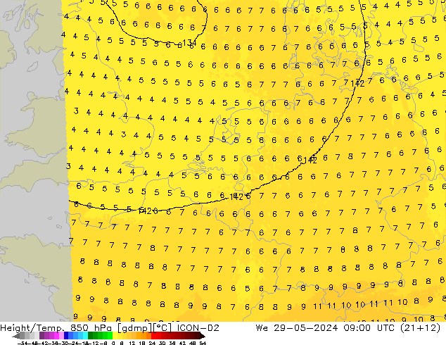 Height/Temp. 850 hPa ICON-D2 We 29.05.2024 09 UTC