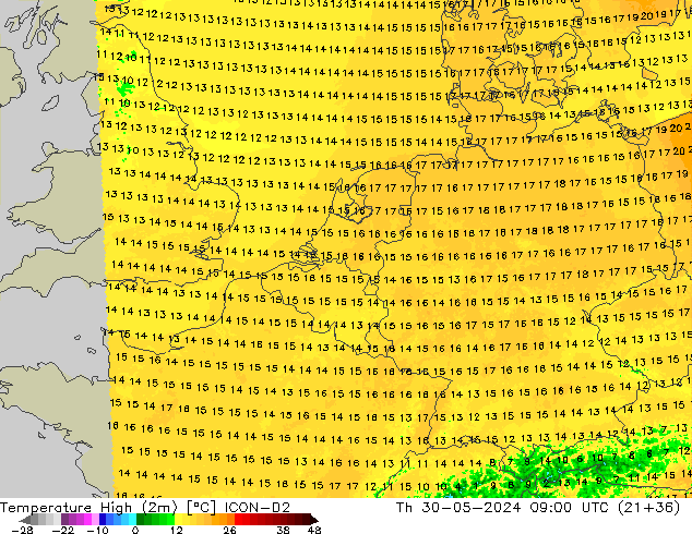 Temperatura máx. (2m) ICON-D2 jue 30.05.2024 09 UTC