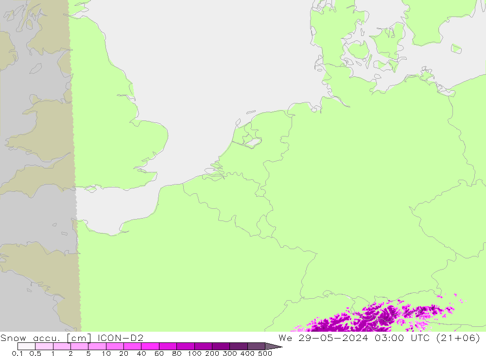 Snow accu. ICON-D2 We 29.05.2024 03 UTC