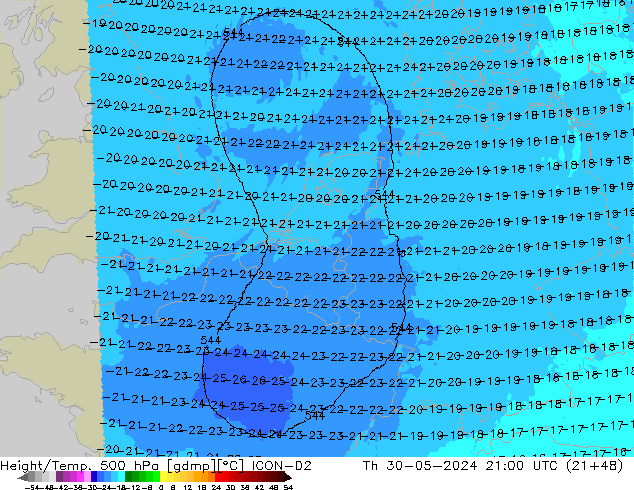 Height/Temp. 500 hPa ICON-D2 Čt 30.05.2024 21 UTC