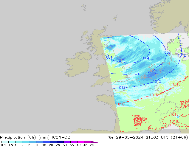 Precipitazione (6h) ICON-D2 mer 29.05.2024 03 UTC