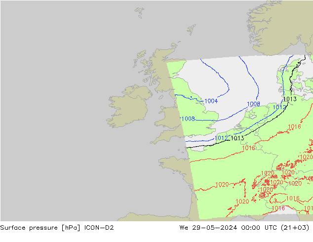 Surface pressure ICON-D2 We 29.05.2024 00 UTC