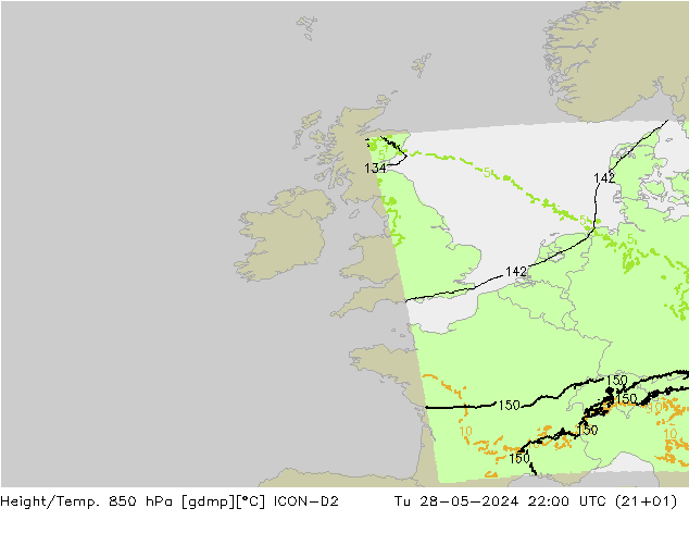 Géop./Temp. 850 hPa ICON-D2 mar 28.05.2024 22 UTC