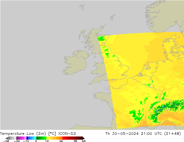 Min.temperatuur (2m) ICON-D2 do 30.05.2024 21 UTC