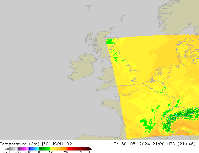 Temperatura (2m) ICON-D2 jue 30.05.2024 21 UTC