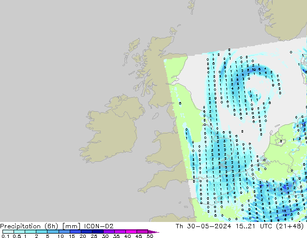 Precipitation (6h) ICON-D2 Th 30.05.2024 21 UTC