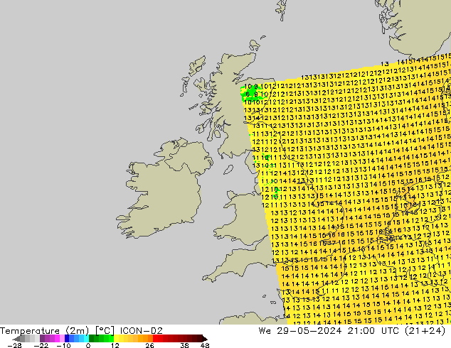 Temperatuurkaart (2m) ICON-D2 wo 29.05.2024 21 UTC