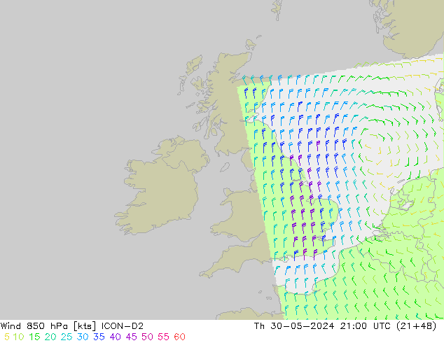 Vent 850 hPa ICON-D2 jeu 30.05.2024 21 UTC