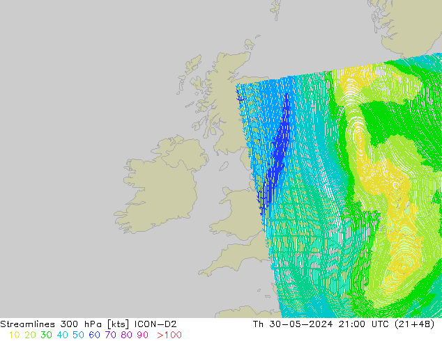 Linia prądu 300 hPa ICON-D2 czw. 30.05.2024 21 UTC