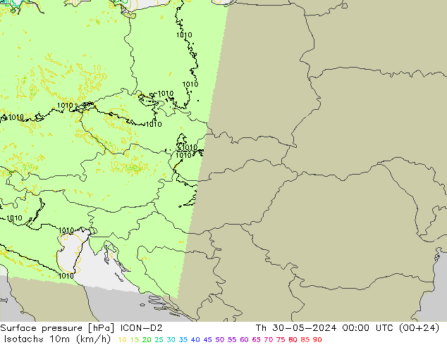 Isotachs (kph) ICON-D2 gio 30.05.2024 00 UTC