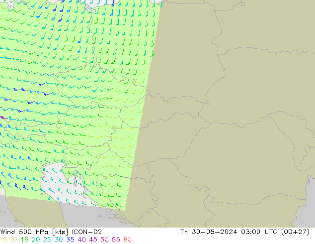 Vento 500 hPa ICON-D2 Qui 30.05.2024 03 UTC