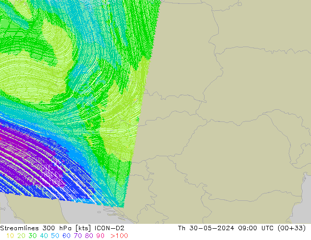 Linea di flusso 300 hPa ICON-D2 gio 30.05.2024 09 UTC