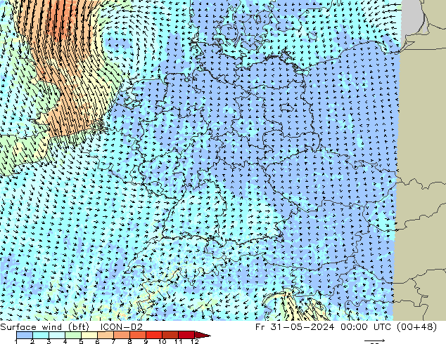 Surface wind (bft) ICON-D2 Fr 31.05.2024 00 UTC