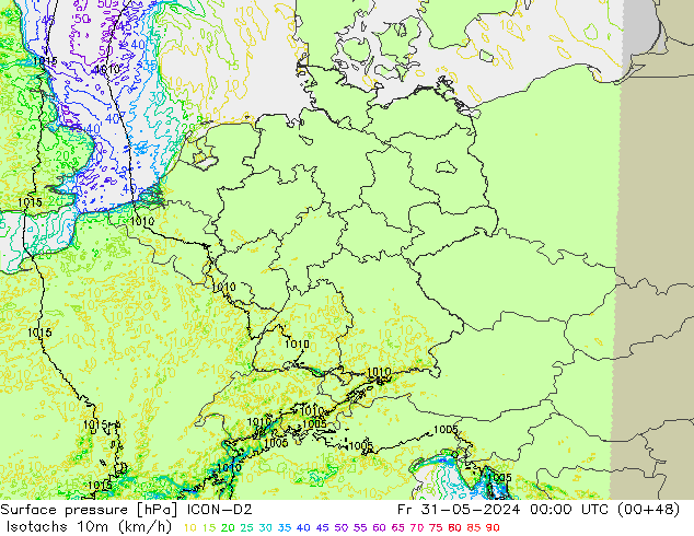 Isotaca (kph) ICON-D2 vie 31.05.2024 00 UTC