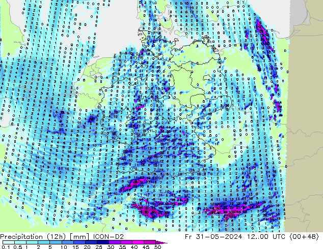 Precipitation (12h) ICON-D2 Fr 31.05.2024 00 UTC