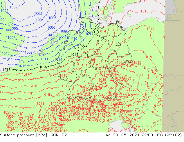 Surface pressure ICON-D2 We 29.05.2024 02 UTC