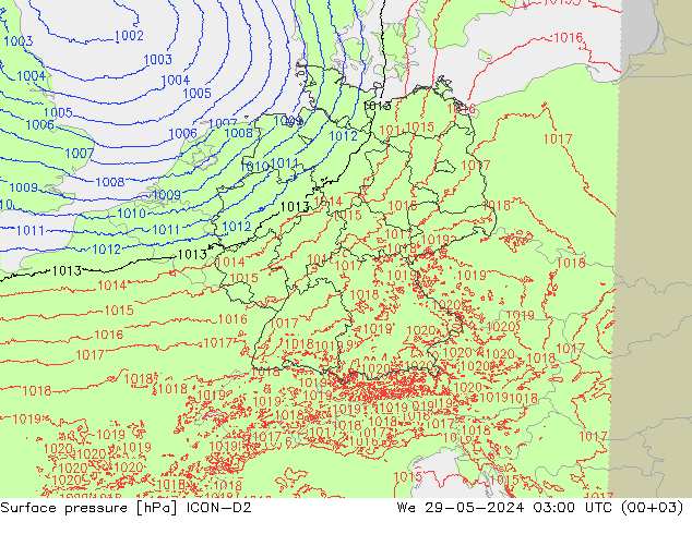 Surface pressure ICON-D2 We 29.05.2024 03 UTC