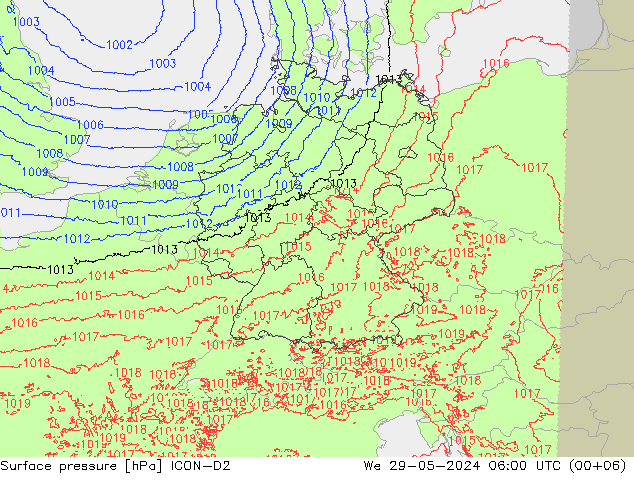 Presión superficial ICON-D2 mié 29.05.2024 06 UTC