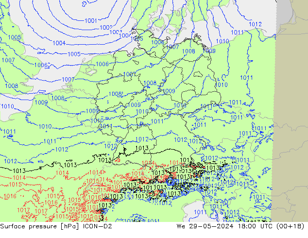 Surface pressure ICON-D2 We 29.05.2024 18 UTC