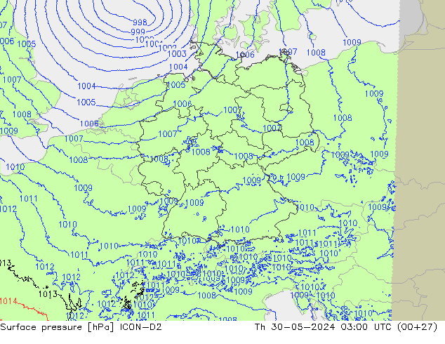 Surface pressure ICON-D2 Th 30.05.2024 03 UTC