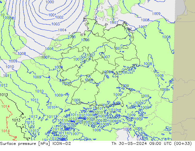 Atmosférický tlak ICON-D2 Čt 30.05.2024 09 UTC