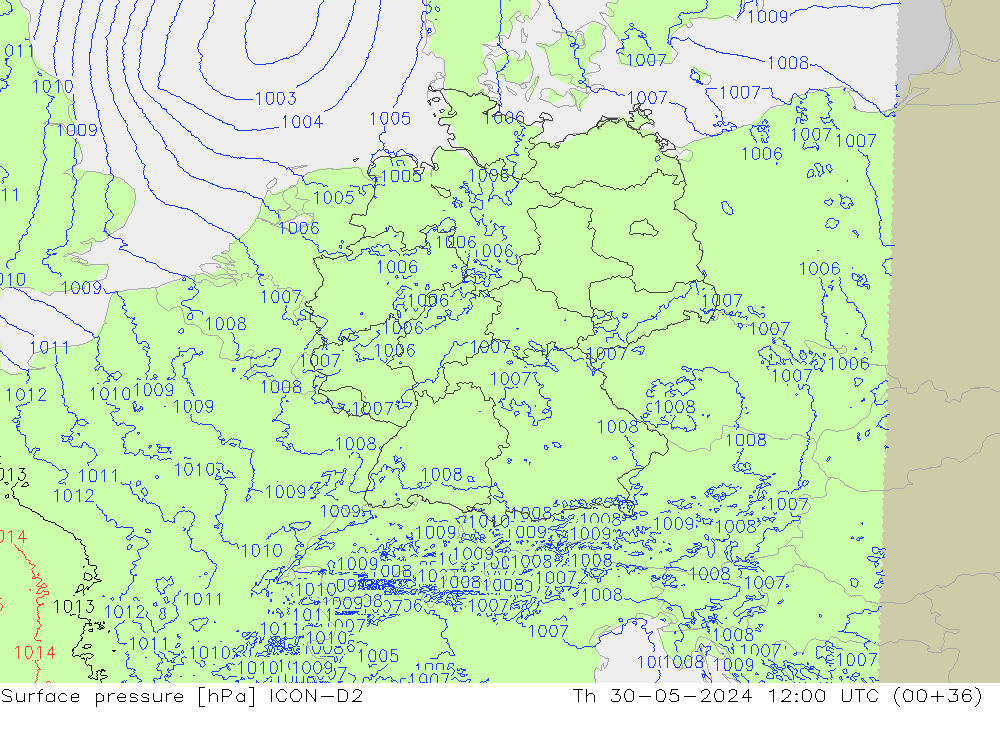 Luchtdruk (Grond) ICON-D2 do 30.05.2024 12 UTC