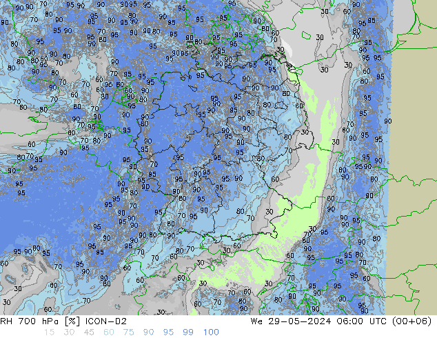 RH 700 hPa ICON-D2 mer 29.05.2024 06 UTC