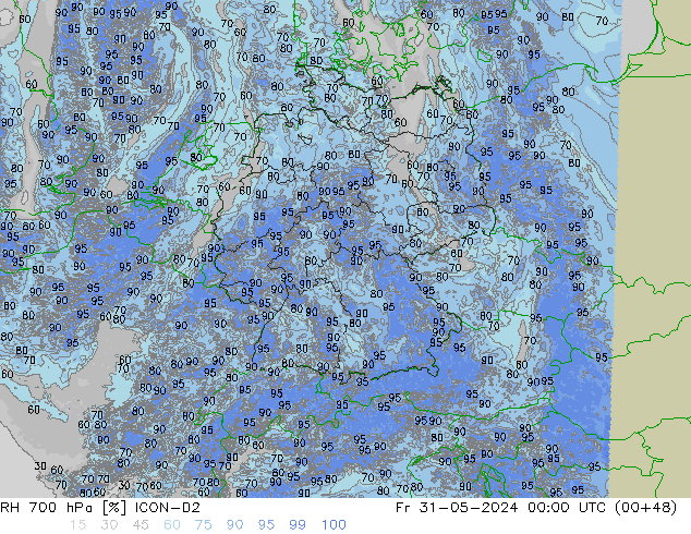 RH 700 гПа ICON-D2 пт 31.05.2024 00 UTC