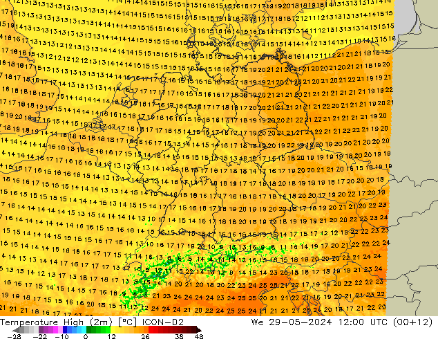 temperatura máx. (2m) ICON-D2 Qua 29.05.2024 12 UTC