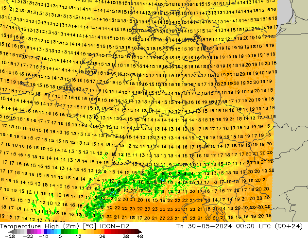 Temperature High (2m) ICON-D2 Th 30.05.2024 00 UTC